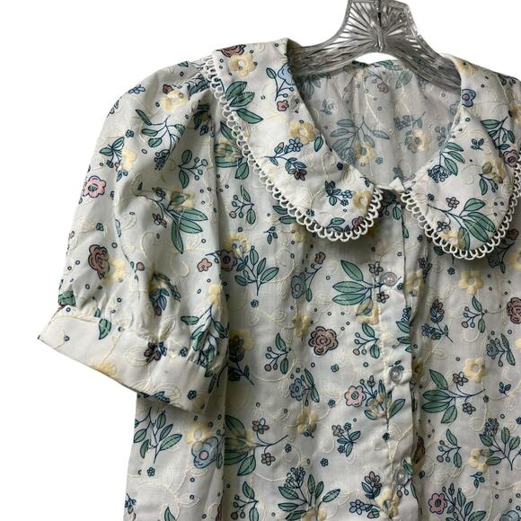 Dazy Puff Sleeve Button‎ Front Top Lace Trim Collar Floral Embroidered M (2824) - Picture 3 of 5